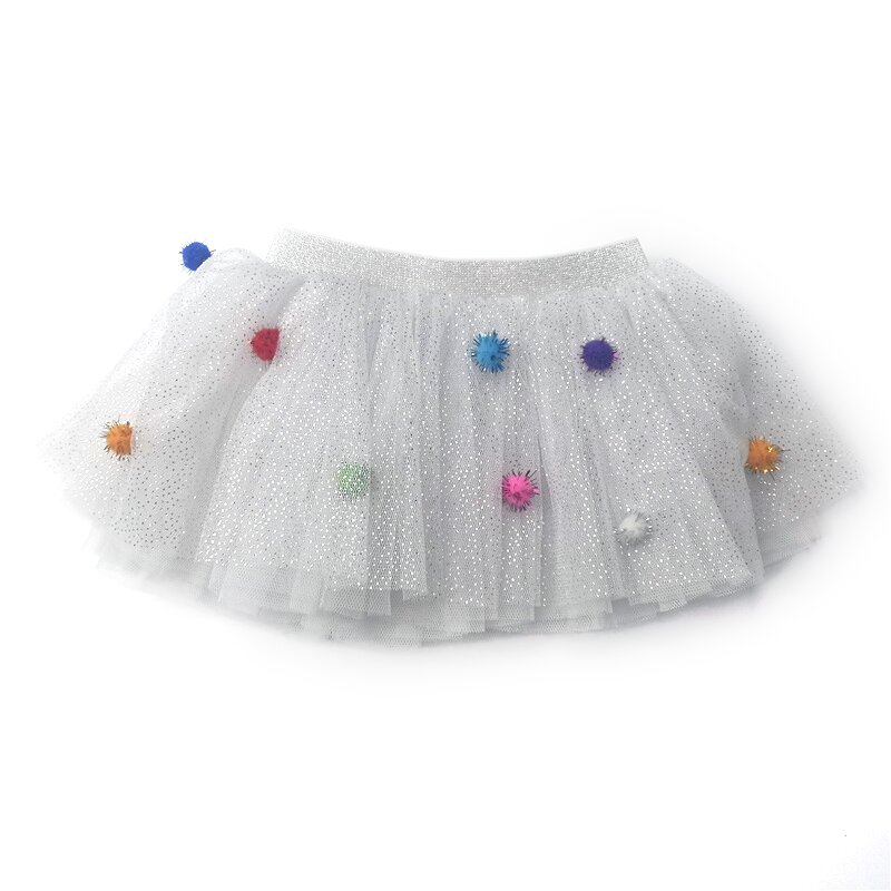 ML-CD00009-Rainbow pompom trim white tutu skirt